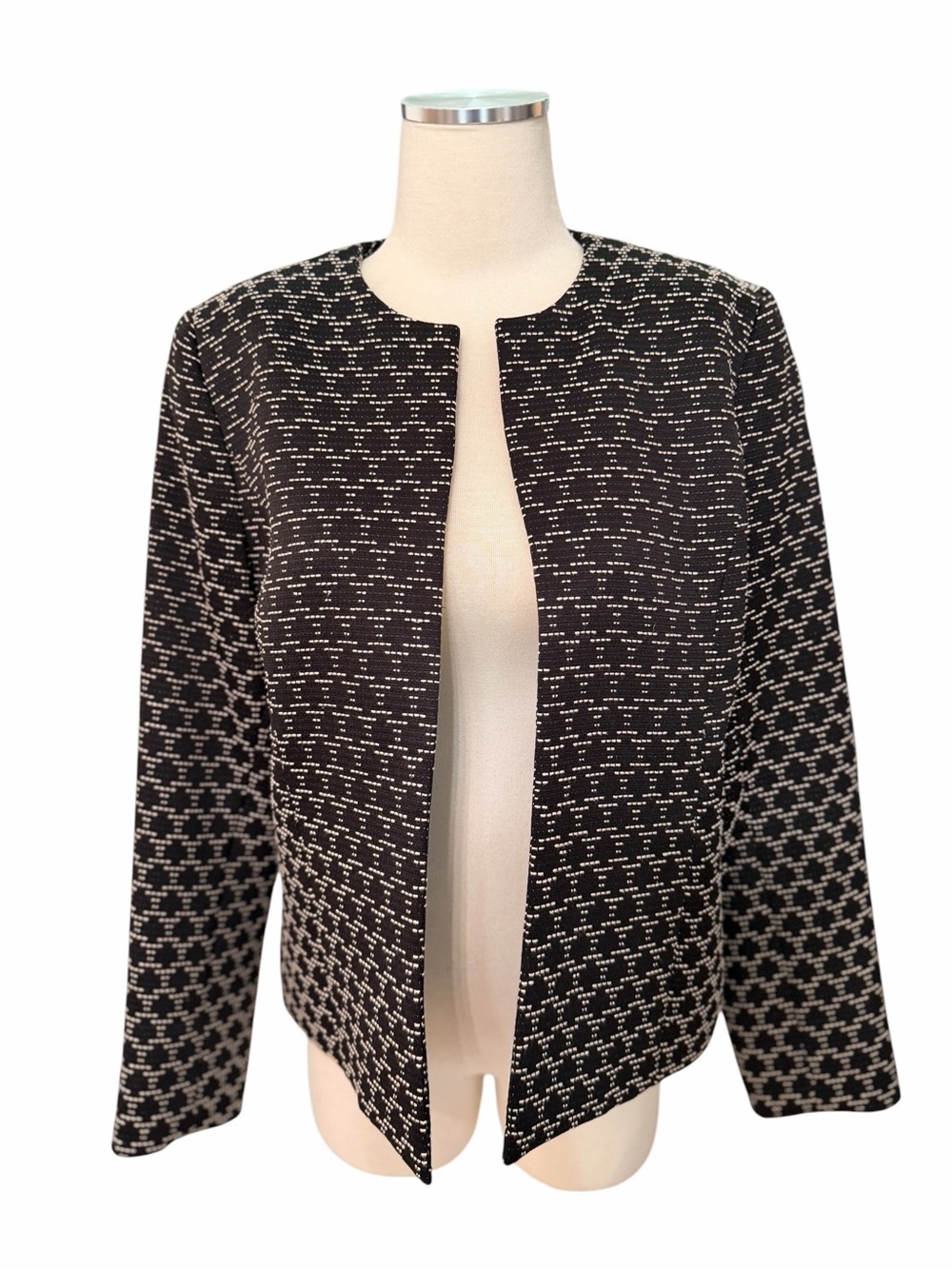 ANNE KLEIN Black & Cream Textured Open Front Knit Jacket SZ 10